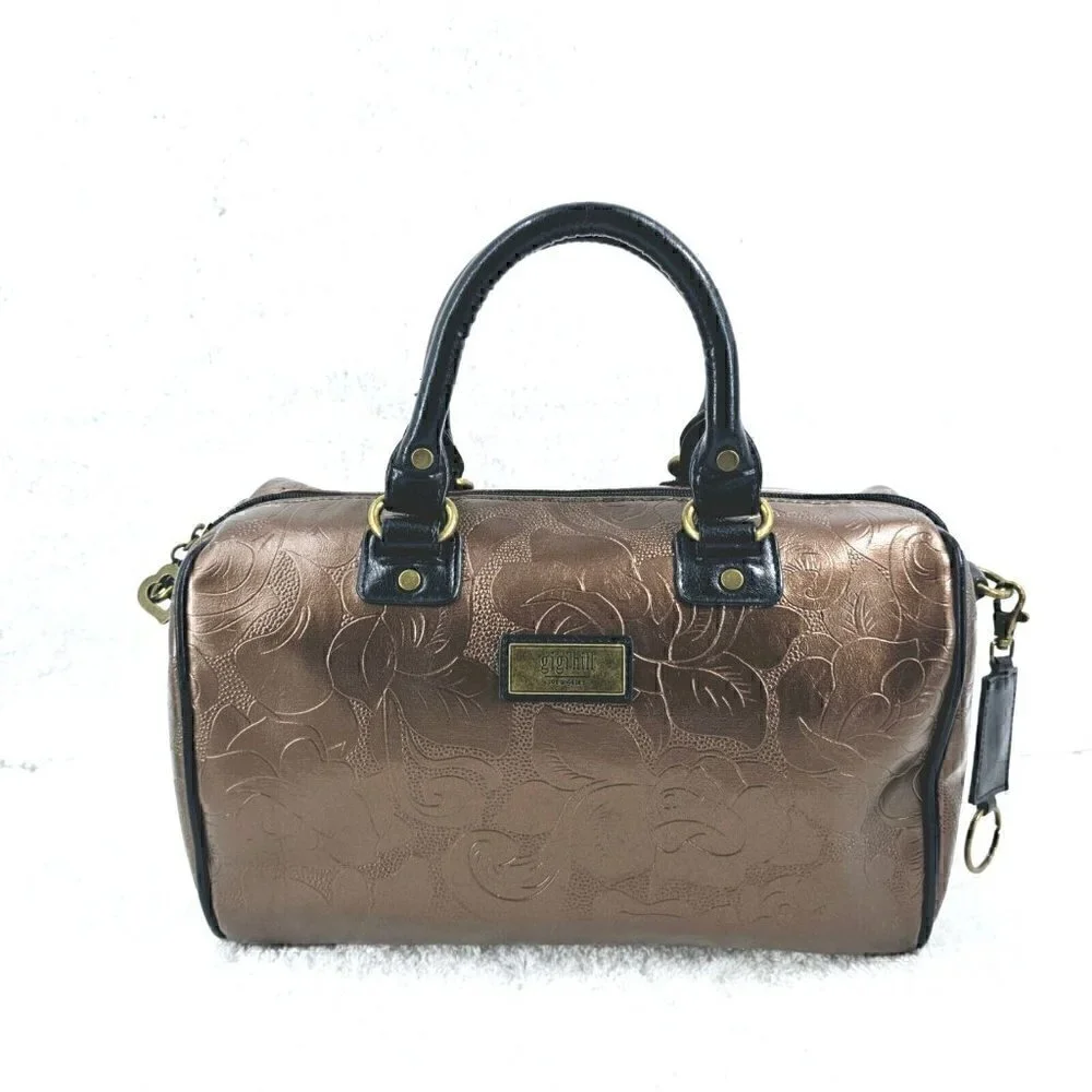 Gigi Hill Metallic Copper Floral Embossed Faux Leather Satchel Crossbody